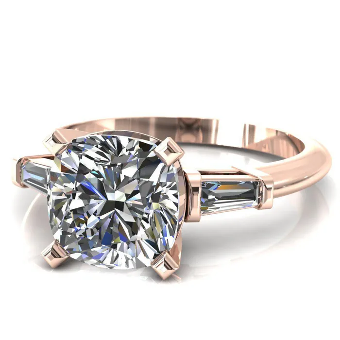 Quinn Cushion Center Stone 4 Prong Single Baguette Diamond Side Ring Fire Brilliance Rings