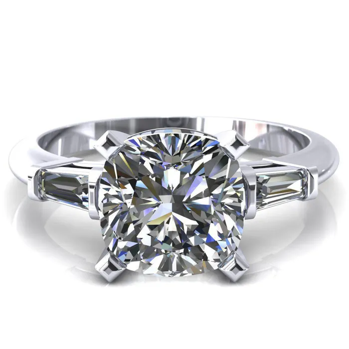 Quinn Cushion Center Stone 4 Prong Single Baguette Diamond Side Ring Fire Brilliance Rings