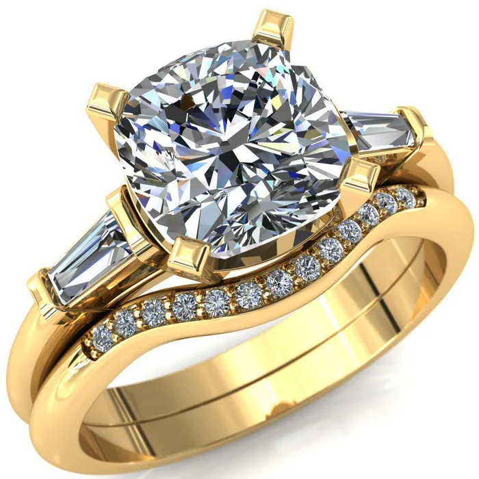 Quinn Cushion Center Stone 4 Prong Single Baguette Diamond Side Ring Fire Brilliance Rings