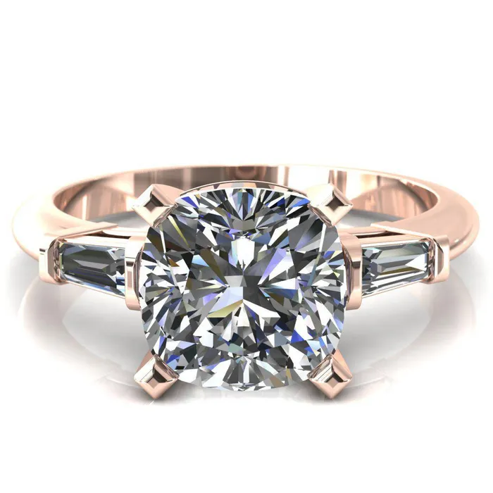 Quinn Cushion Center Stone 4 Prong Single Baguette Diamond Side Ring Fire Brilliance Rings