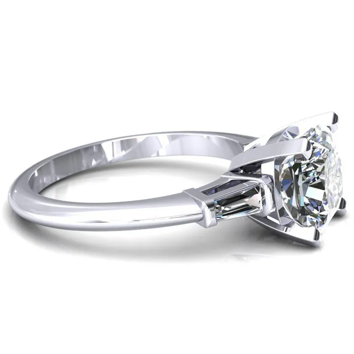 Quinn Cushion Center Stone 4 Prong Single Baguette Diamond Side Ring Fire Brilliance Rings