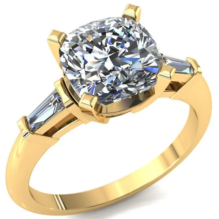 Quinn Cushion Center Stone 4 Prong Single Baguette Diamond Side Ring Fire Brilliance Rings