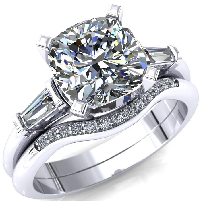 Quinn Cushion Center Stone 4 Prong Single Baguette Diamond Side Ring Fire Brilliance Rings