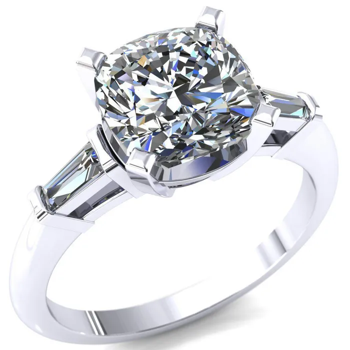 Quinn Cushion Center Stone 4 Prong Single Baguette Diamond Side Ring Fire Brilliance Rings