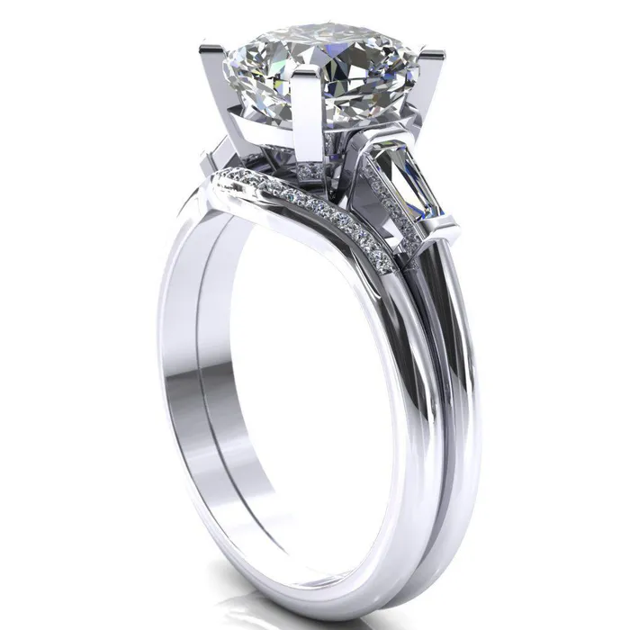 Quinn Cushion Center Stone 4 Prong Single Baguette Diamond Side Ring Fire Brilliance Rings