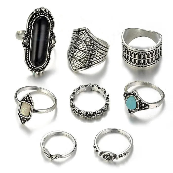 Rings 01 RS43 Silver Color Blue Black Opal Gem 8 Piece Ring Set