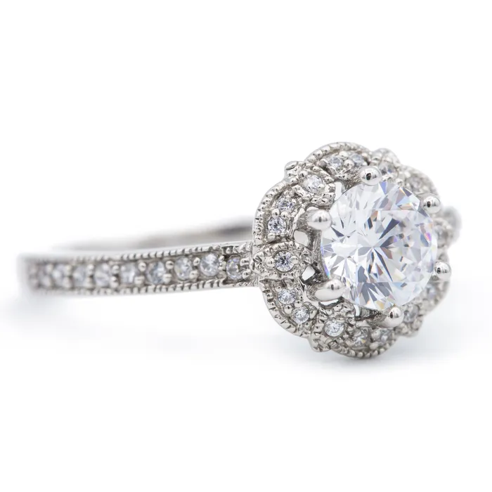 Rings Fire Brilliance 6mm Round Center 14K White Gold Halo Ring