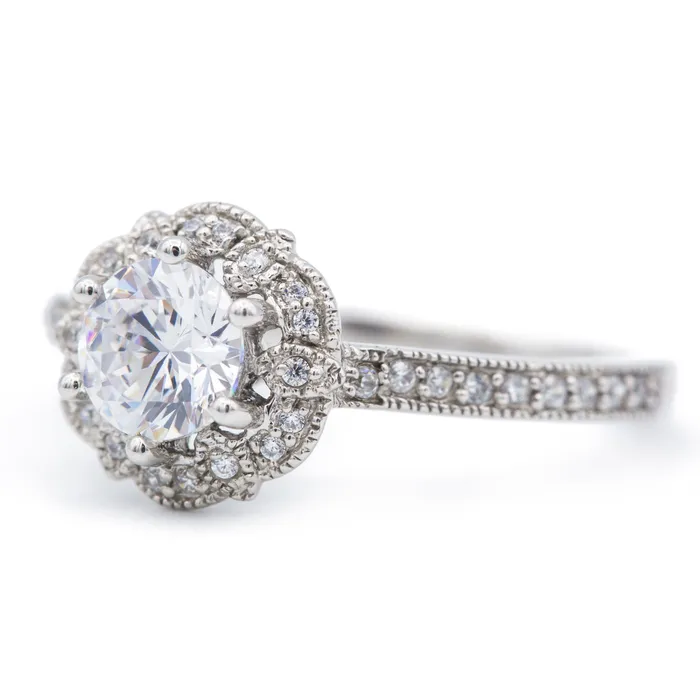Rings Fire Brilliance 6mm Round Center 14K White Gold Halo Ring