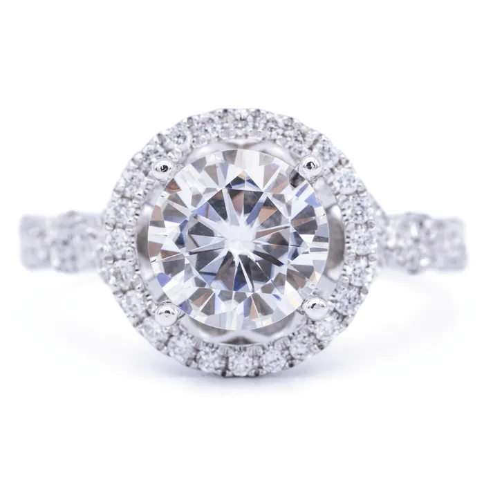 Rings Fire Brilliance 8mm Round Center 14K White Gold Halo Ring