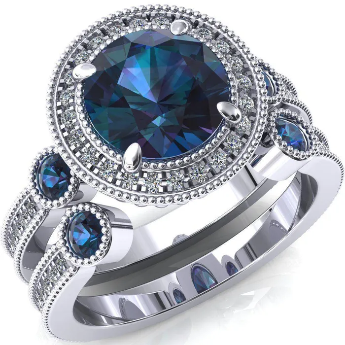 Rings Fire Brilliance Brachium Round Alexandrite Bezel Milgrain Halo 34 Eternity Accent Diamond Ring