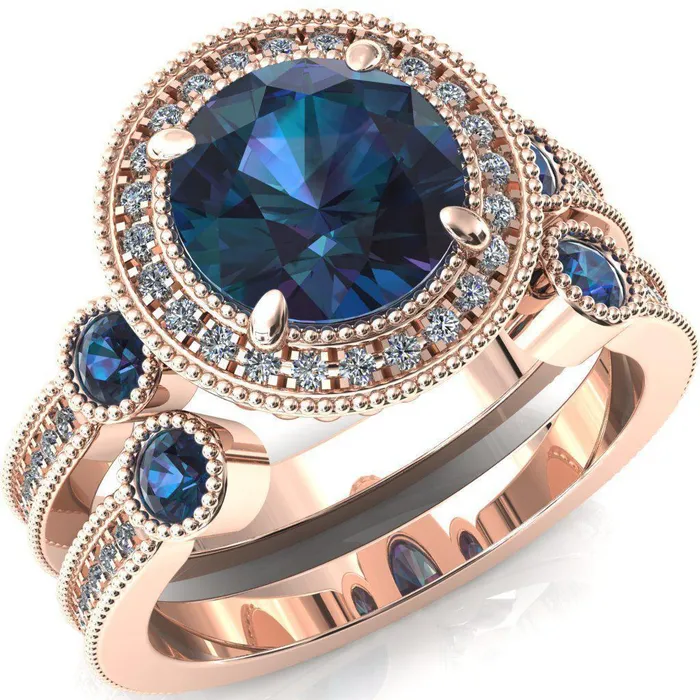 Rings Fire Brilliance Brachium Round Alexandrite Bezel Milgrain Halo 34 Eternity Accent Diamond Ring