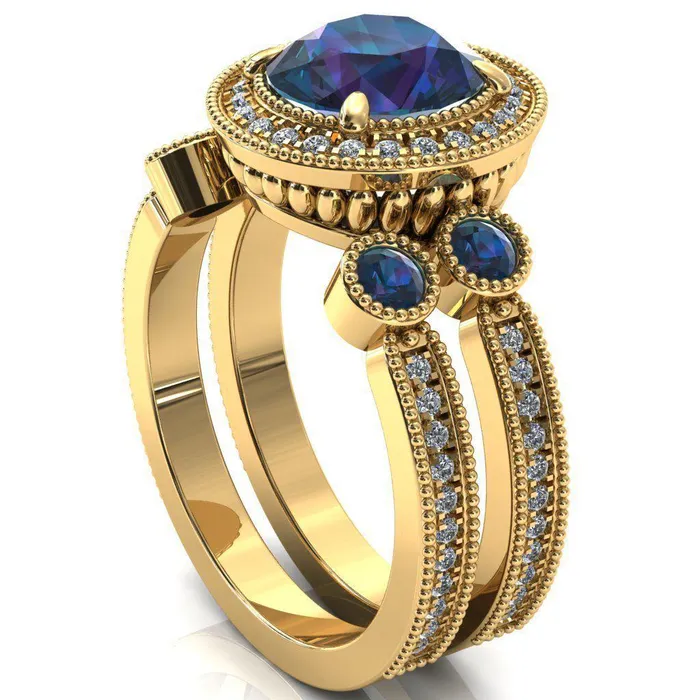 Rings Fire Brilliance Brachium Round Alexandrite Bezel Milgrain Halo 34 Eternity Accent Diamond Ring