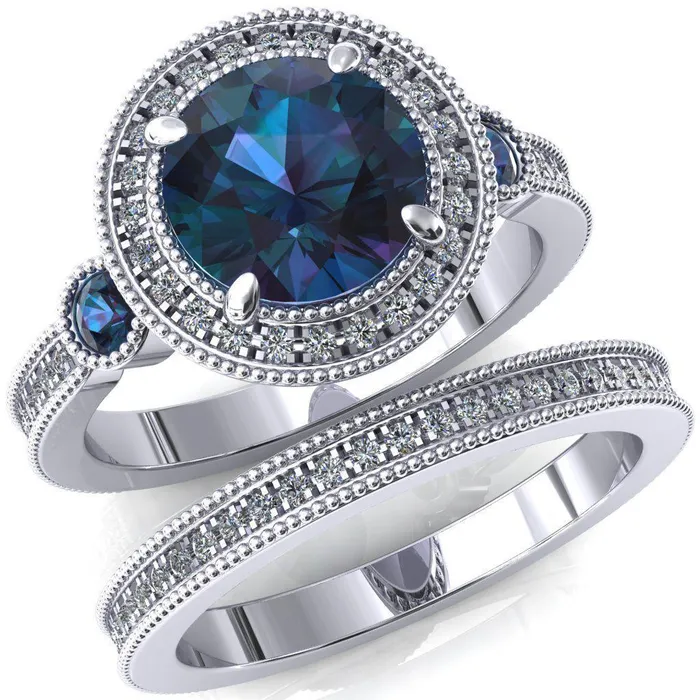 Rings Fire Brilliance Brachium Round Alexandrite Bezel Milgrain Halo 34 Eternity Accent Diamond Ring