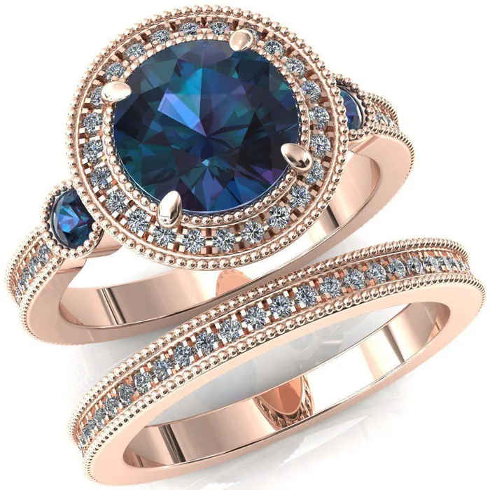 Rings Fire Brilliance Brachium Round Alexandrite Bezel Milgrain Halo 34 Eternity Accent Diamond Ring