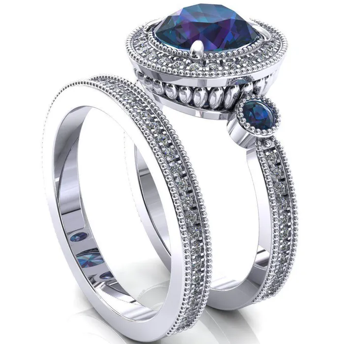 Rings Fire Brilliance Brachium Round Alexandrite Bezel Milgrain Halo 34 Eternity Accent Diamond Ring