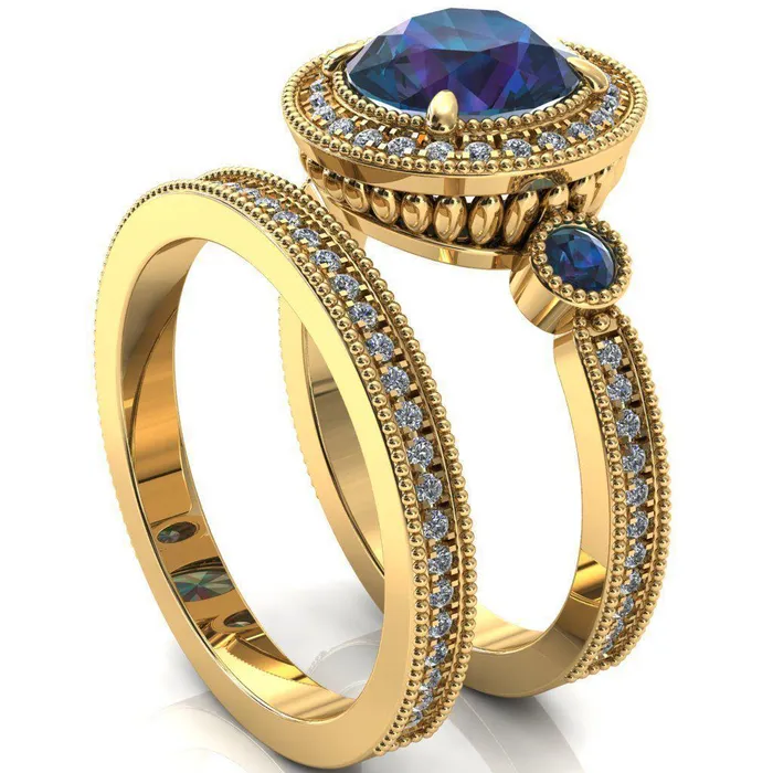 Rings Fire Brilliance Brachium Round Alexandrite Bezel Milgrain Halo 34 Eternity Accent Diamond Ring