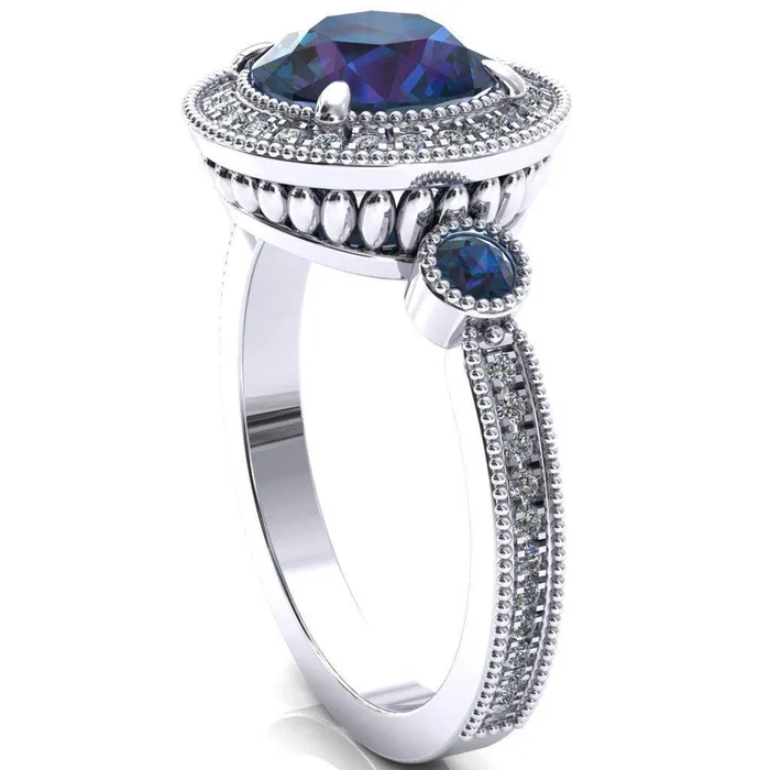 Rings Fire Brilliance Brachium Round Alexandrite Bezel Milgrain Halo 34 Eternity Accent Diamond Ring