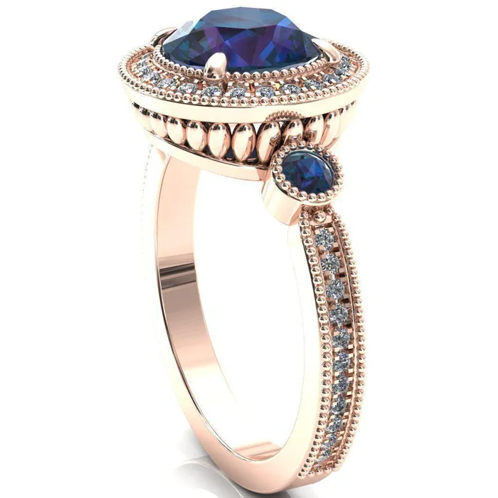 Rings Fire Brilliance Brachium Round Alexandrite Bezel Milgrain Halo 34 Eternity Accent Diamond Ring