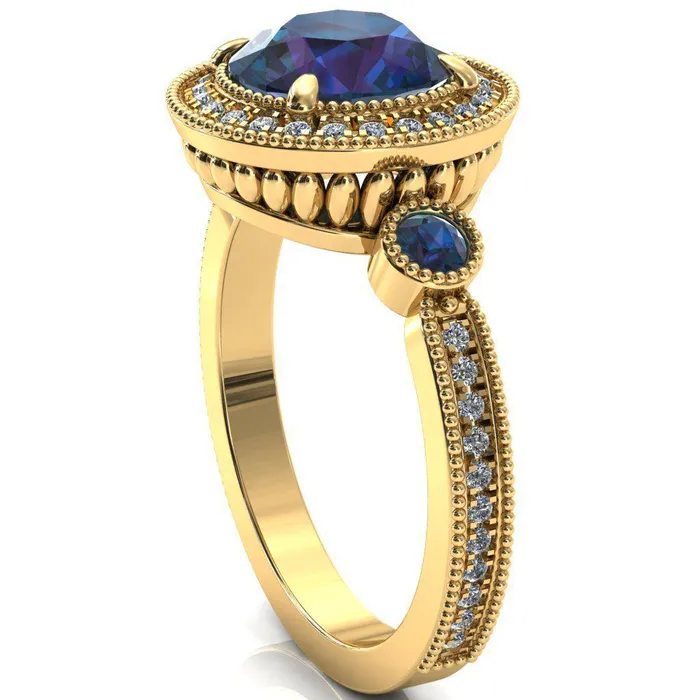 Rings Fire Brilliance Brachium Round Alexandrite Bezel Milgrain Halo 34 Eternity Accent Diamond Ring
