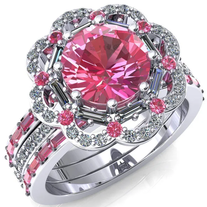 Rings Fire Brilliance Camelia Round Pink Sapphire Accent Diamond and Pink Sapphire Halo Ring Rings Fire Brilliance Camelia Round Pink Sapphire Accent Diamond and Pink Sapphire Halo Ring
