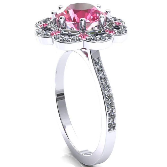 Rings Fire Brilliance Camelia Round Pink Sapphire Accent Diamond and Pink Sapphire Halo Ring