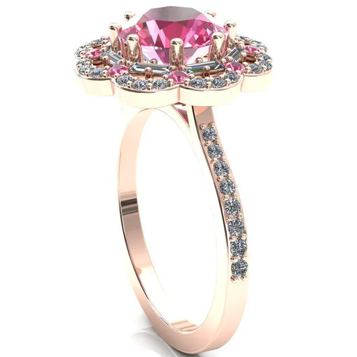 Rings Fire Brilliance Camelia Round Pink Sapphire Accent Diamond and Pink Sapphire Halo Ring