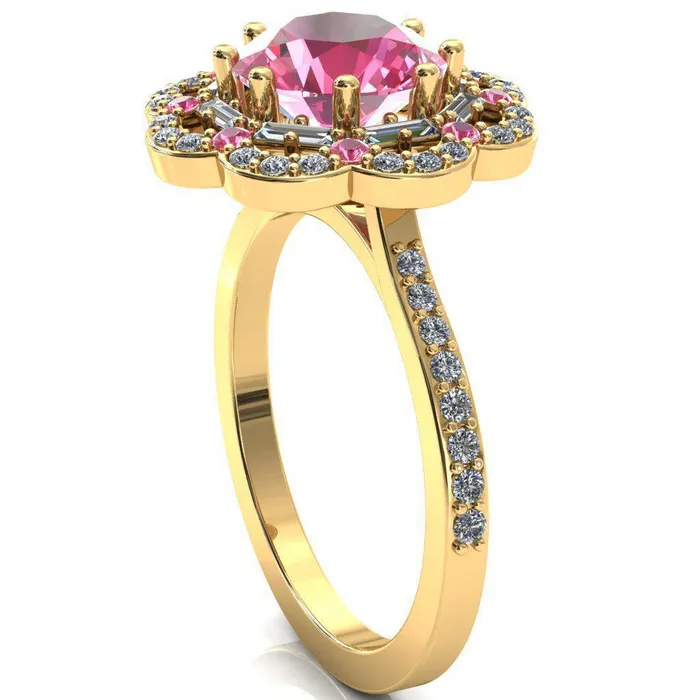 Rings Fire Brilliance Camelia Round Pink Sapphire Accent Diamond and Pink Sapphire Halo Ring