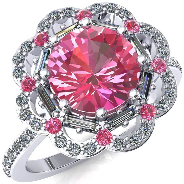 Rings Fire Brilliance Camelia Round Pink Sapphire Accent Diamond and Pink Sapphire Halo Ring