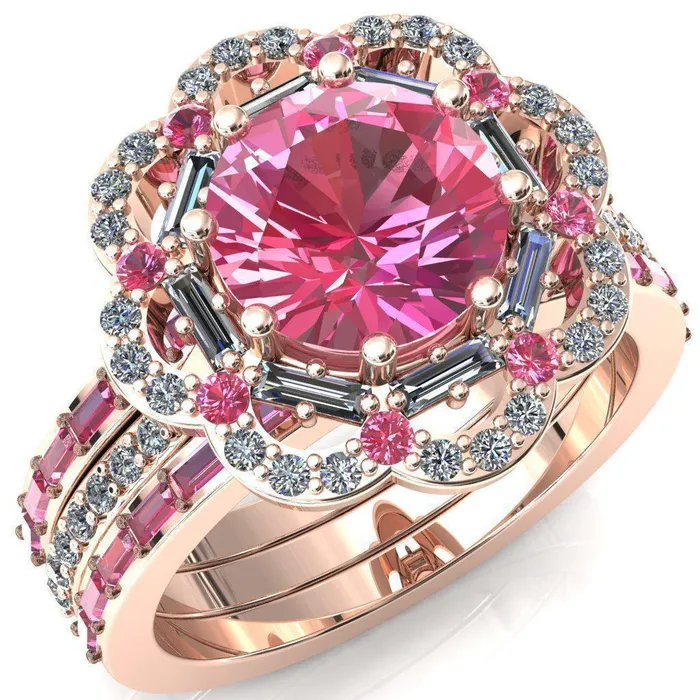 Rings Fire Brilliance Camelia Round Pink Sapphire Accent Diamond and Pink Sapphire Halo Ring