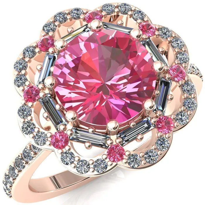 Rings Fire Brilliance Camelia Round Pink Sapphire Accent Diamond and Pink Sapphire Halo Ring