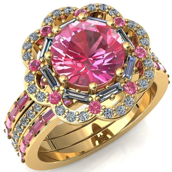 Rings Fire Brilliance Camelia Round Pink Sapphire Accent Diamond and Pink Sapphire Halo Ring