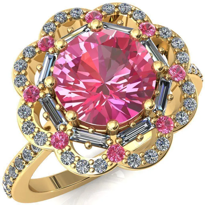 Rings Fire Brilliance Camelia Round Pink Sapphire Accent Diamond and Pink Sapphire Halo Ring