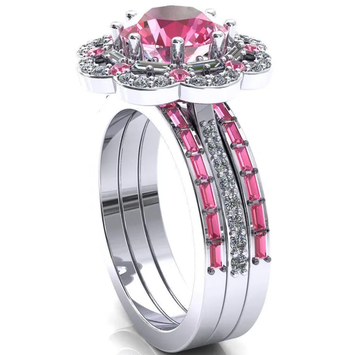 Rings Fire Brilliance Camelia Round Pink Sapphire Accent Diamond and Pink Sapphire Halo Ring