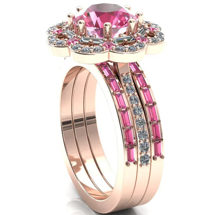 Rings Fire Brilliance Camelia Round Pink Sapphire Accent Diamond and Pink Sapphire Halo Ring