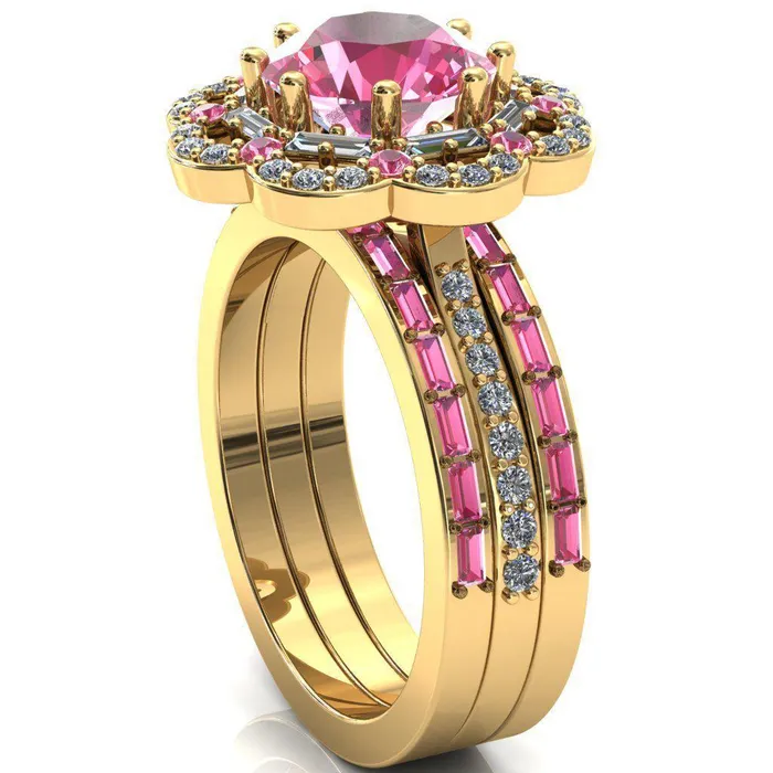 Rings Fire Brilliance Camelia Round Pink Sapphire Accent Diamond and Pink Sapphire Halo Ring