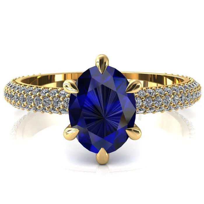Rings Fire Brilliance Elley Oval Blue Sapphire 6 Claw Prong Diamond Accent Engagement Ring