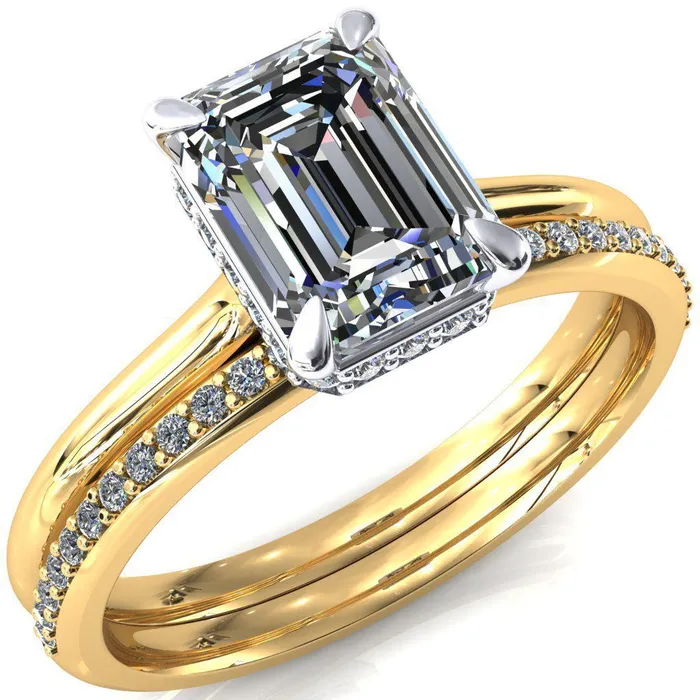 Rings Fire Brilliance Janey Emerald Moissanite 4 Prongs Claw Floating Halo Inverted Cathedral Ring Rings Fire Brilliance Janey Emerald Moissanite 4 Prongs Claw Floating Halo Inverted Cathedral Ring