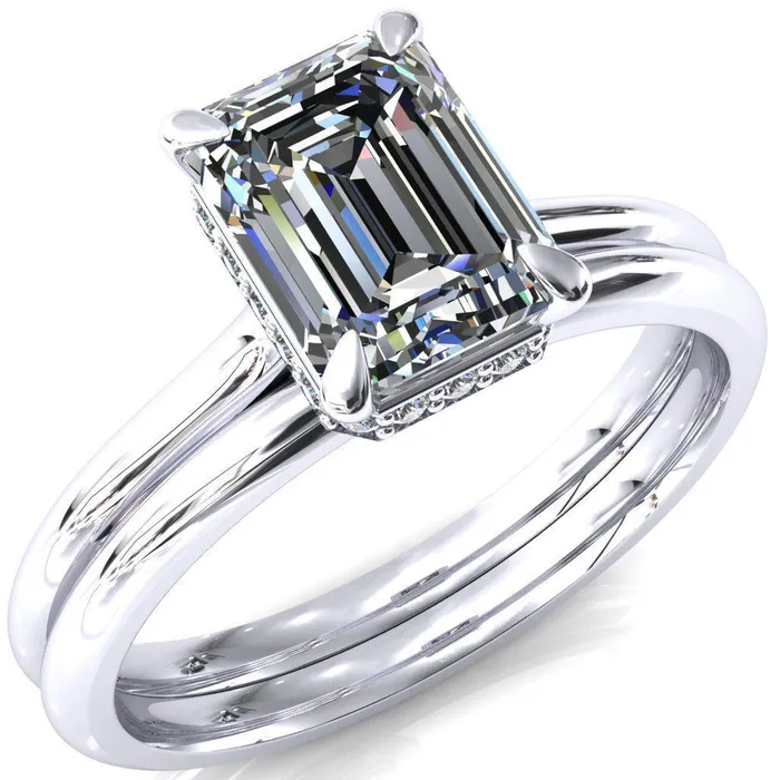 Rings Fire Brilliance Janey Emerald Moissanite 4 Prongs Claw Floating Halo Inverted Cathedral Ring
