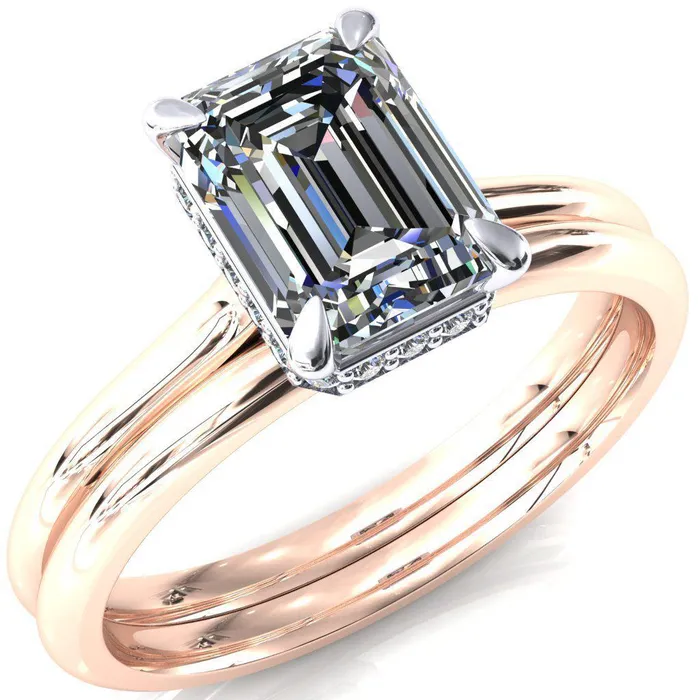 Rings Fire Brilliance Janey Emerald Moissanite 4 Prongs Claw Floating Halo Inverted Cathedral Ring