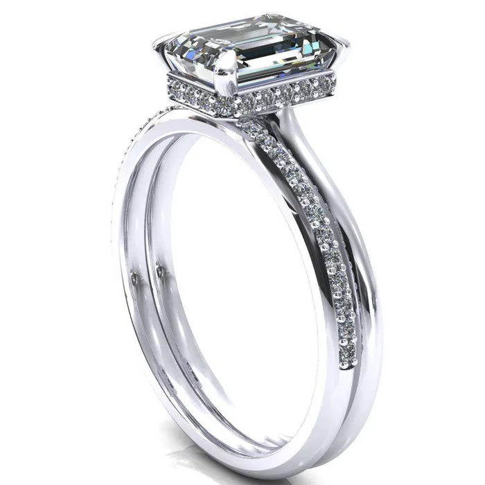 Rings Fire Brilliance Janey Emerald Moissanite 4 Prongs Claw Floating Halo Inverted Cathedral Ring