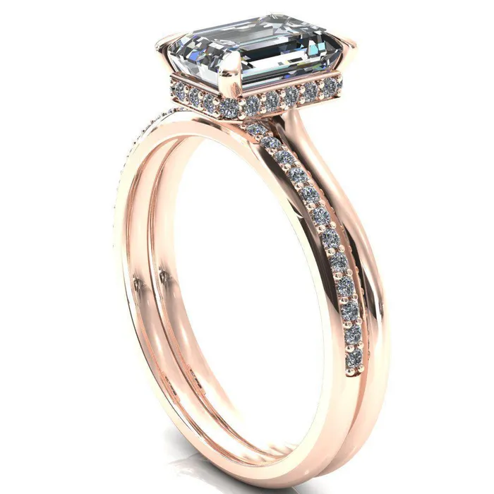 Rings Fire Brilliance Janey Emerald Moissanite 4 Prongs Claw Floating Halo Inverted Cathedral Ring