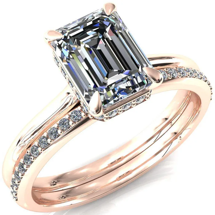 Rings Fire Brilliance Janey Emerald Moissanite 4 Prongs Claw Floating Halo Inverted Cathedral Ring