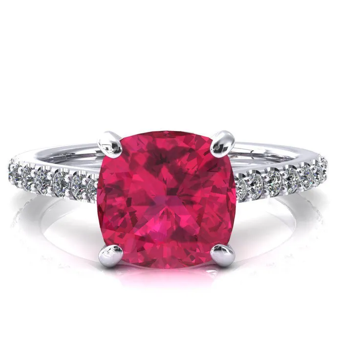 Rings Fire Brilliance Kelsy Cushion Ruby 4 Prong 34 Shared Scalloped Inverted Cathedral Ring