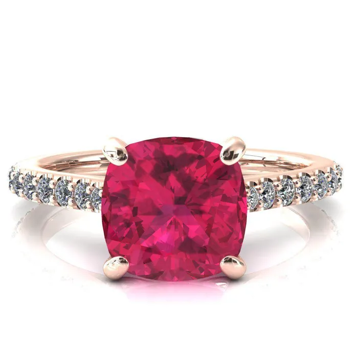 Rings Fire Brilliance Kelsy Cushion Ruby 4 Prong 34 Shared Scalloped Inverted Cathedral Ring