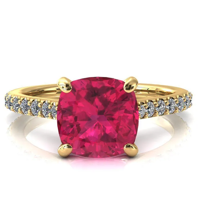 Rings Fire Brilliance Kelsy Cushion Ruby 4 Prong 34 Shared Scalloped Inverted Cathedral Ring