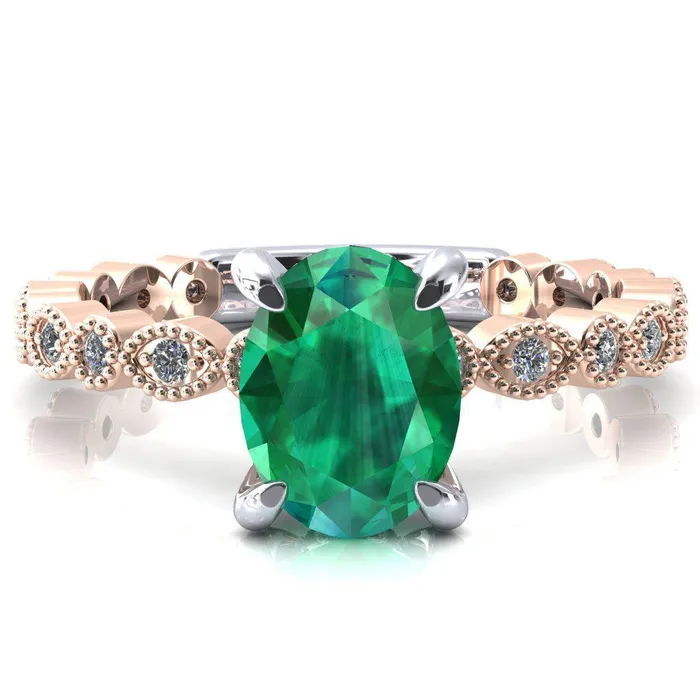 Rings Fire Brilliance Lizette Oval Emerald 4 Claw Prong 34 Eternity Milgrain Diamond Shank Engagement Ring