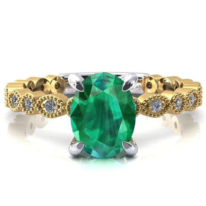 Rings Fire Brilliance Lizette Oval Emerald 4 Claw Prong 34 Eternity Milgrain Diamond Shank Engagement Ring