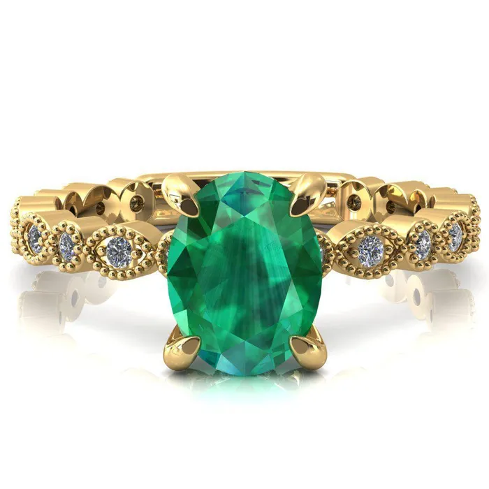 Rings Fire Brilliance Lizette Oval Emerald 4 Claw Prong 34 Eternity Milgrain Diamond Shank Engagement Ring