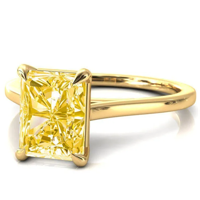 Rings Fire Brilliance Lizzy Radiant Canary Yellow 4 Claw Prong Cathedral Engagement Ring