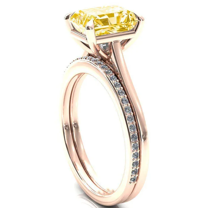 Rings Fire Brilliance Lizzy Radiant Canary Yellow 4 Claw Prong Cathedral Engagement Ring